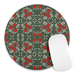 Floral Folk Damask Pattern Fantasy Flowers Floral Geometric Fantasy Round Mousepads by Eskimos