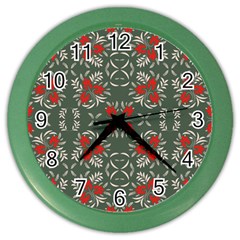 Floral Folk Damask Pattern Fantasy Flowers Floral Geometric Fantasy Color Wall Clock by Eskimos