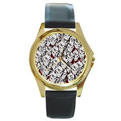 Demonic Skulls Pattern, Spooky Horror, Halloween Theme Round Gold Metal Watch by Casemiro