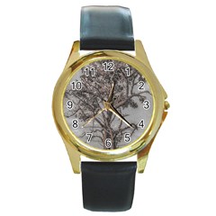 Big Tree Photo Illustration Round Gold Metal Watch