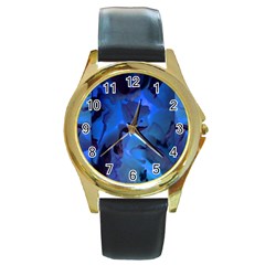 Peony In Blue Round Gold Metal Watch