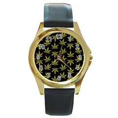 Weed Pattern Round Gold Metal Watch