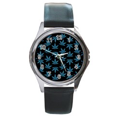 Weed Pattern Round Metal Watch by Valentinaart