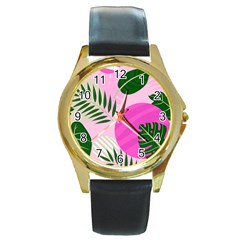 Tropical Pattern Round Gold Metal Watch by Valentinaart