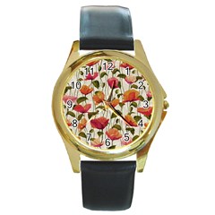 Floral Pattern Round Gold Metal Watch by Valentinaart