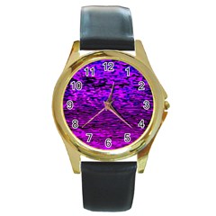 Magenta Waves Flow Series 2 Round Gold Metal Watch by DimitriosArt