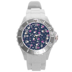 Flowers Pattern Round Plastic Sport Watch (l) by Sparkle