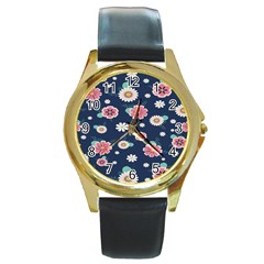 Flowers Pattern Round Gold Metal Watch by Sparkle