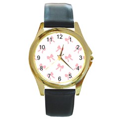 Pink Bow Pattern Round Gold Metal Watch by Littlebird