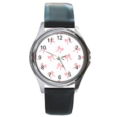 Pink Bow Pattern Round Metal Watch by Littlebird