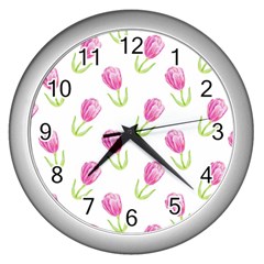 Tulips Watercolor Pattern Wall Clock (silver) by Littlebird