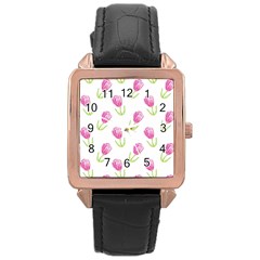 Tulips Watercolor Pattern Rose Gold Leather Watch  by Littlebird