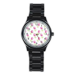 Tulips Watercolor Pattern Stainless Steel Round Watch by Littlebird