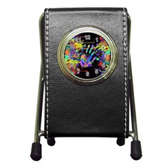 Crazy Multicolored Each Other Running Splashes Hand 1 Pen Holder Desk Clock by EDDArt