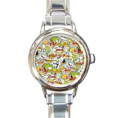 Comic Pow Bamm Boom Poof Wtf Pattern 1 Round Italian Charm Watch by EDDArt