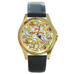 Comic Pow Bamm Boom Poof Wtf Pattern 1 Round Gold Metal Watch by EDDArt