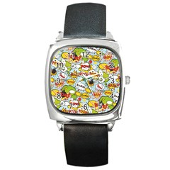 Comic Pow Bamm Boom Poof Wtf Pattern 1 Square Metal Watch by EDDArt