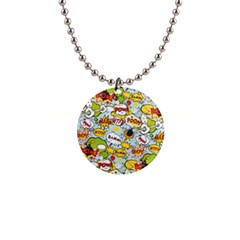 Comic Pow Bamm Boom Poof Wtf Pattern 1 1  Button Necklace by EDDArt