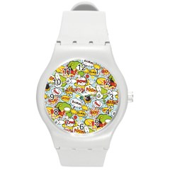 Comic Pow Bamm Boom Poof Wtf Pattern 1 Round Plastic Sport Watch (m) by EDDArt