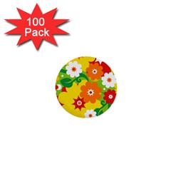 Flower Power Wallpaper Green Yellow Orange Red 1  Mini Buttons (100 Pack)  by EDDArt