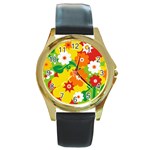 Flower Power Wallpaper Green Yellow Orange Red Round Gold Metal Watch Front