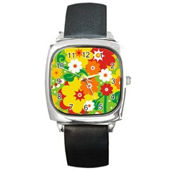 Flower Power Wallpaper Green Yellow Orange Red Square Metal Watch by EDDArt