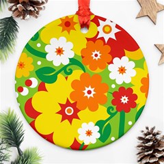 Flower Power Wallpaper Green Yellow Orange Red Round Ornament (two Sides)