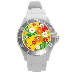 Flower Power Wallpaper Green Yellow Orange Red Round Plastic Sport Watch (l) by EDDArt