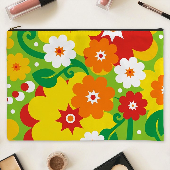 Flower Power Wallpaper Green Yellow Orange Red Cosmetic Bag (XXXL)