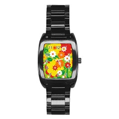 Flower Power Wallpaper Green Yellow Orange Red Stainless Steel Barrel Watch by EDDArt