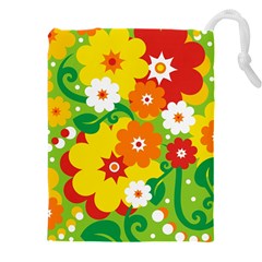 Flower Power Wallpaper Green Yellow Orange Red Drawstring Pouch (4xl) by EDDArt