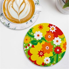 Flower Power Wallpaper Green Yellow Orange Red Uv Print Round Tile Coaster by EDDArt