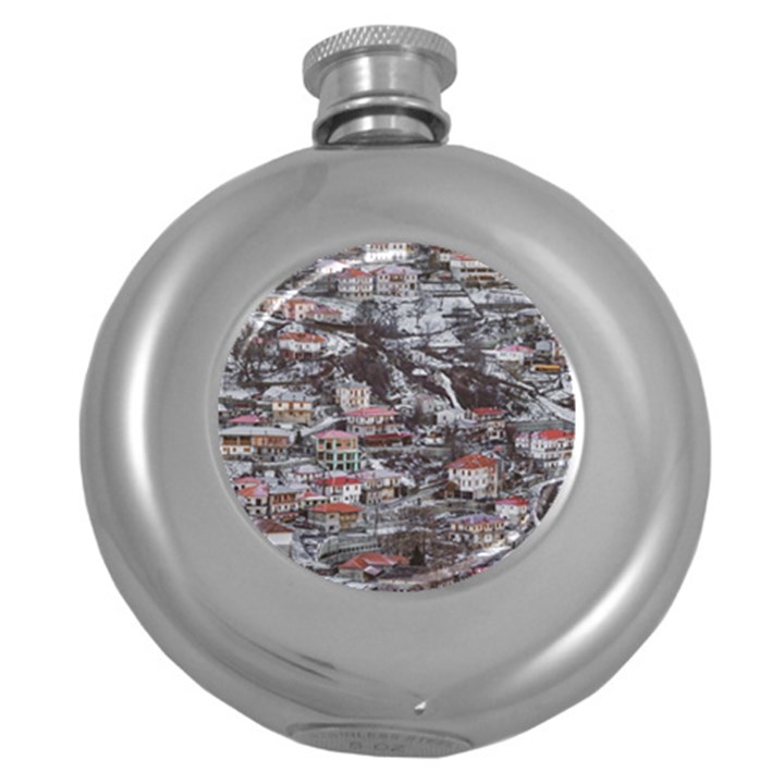 Metsovo Aerial Cityscape, Greece Round Hip Flask (5 oz)