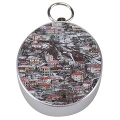 Metsovo Aerial Cityscape, Greece Silver Compasses by dflcprintsclothing