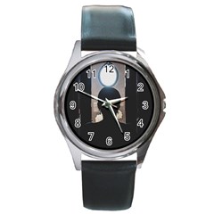 Woman Watching Window High Contrast Scene 2 Round Metal Watch by dflcprintsclothing