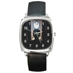 Woman Watching Window High Contrast Scene 2 Square Metal Watch by dflcprintsclothing