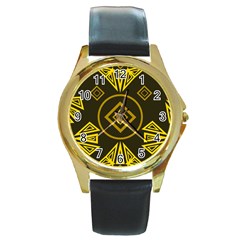 Abstract Pattern Geometric Backgrounds   Round Gold Metal Watch by Eskimos