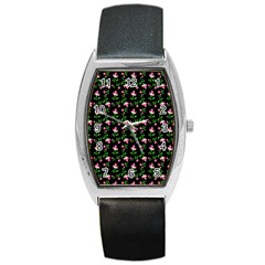 Pink Carnation Black Barrel Style Metal Watch by violetheavensky