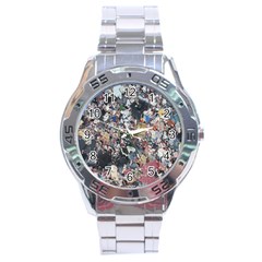 Multicolored Debris Texture Print Stainless Steel Analogue Watch by dflcprintsclothing