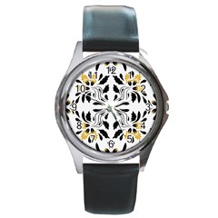 Folk Flowers Print Floral Pattern Ethnic Art Round Metal Watch by Eskimos