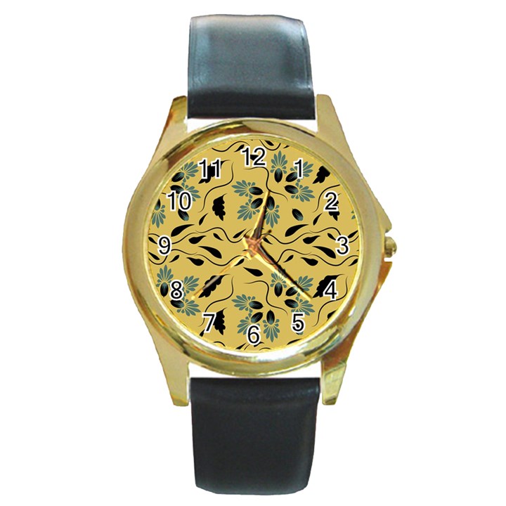 Folk flowers print Floral pattern Ethnic art Round Gold Metal Watch