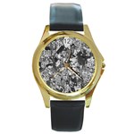 Black And White Debris Texture Print Round Gold Metal Watch Front