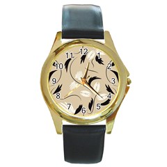 Folk Flowers Print Floral Pattern Ethnic Art Round Gold Metal Watch by Eskimos