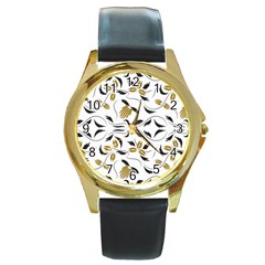 Folk Flowers Print Floral Pattern Ethnic Art Round Gold Metal Watch by Eskimos