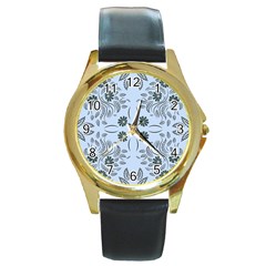 Folk Flowers Print Floral Pattern Ethnic Art Round Gold Metal Watch by Eskimos