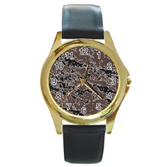 Brown And Black Abstract Vivid Texture Round Gold Metal Watch by dflcprintsclothing