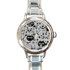 Black Outline Cat Heads Round Italian Charm Watch by crcustomgifts