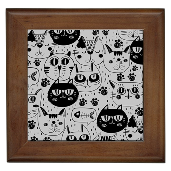 Black Outline Cat Heads Framed Tile