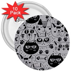 Black Outline Cat Heads 3  Buttons (10 Pack)  by crcustomgifts