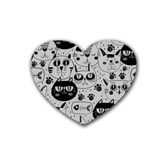 Black Outline Cat Heads Rubber Coaster (heart) by crcustomgifts